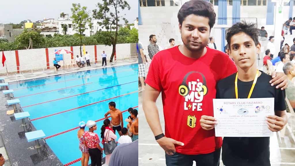 mrd international school student won medal in swimming activity student sumit with coach Sharukh Sharif 2